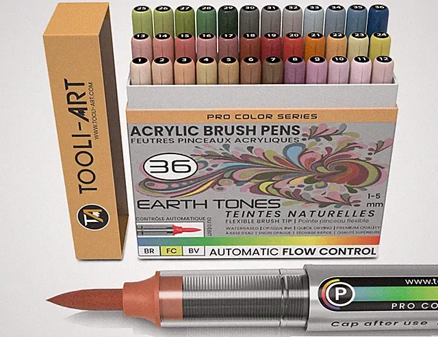 36 Earth Tones Flexible Brush Acrylic Paint Pens AUTOMATIC FLOW CONTROL 1-5mm