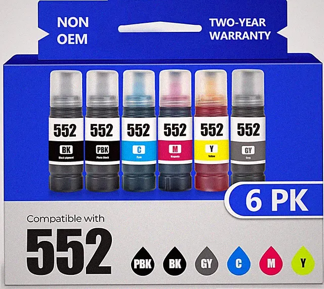 552 Combo 6 Pack Ink Bottles for Epson ET-8550 ET-8500(BK/PBK/C/M/Y/GY)